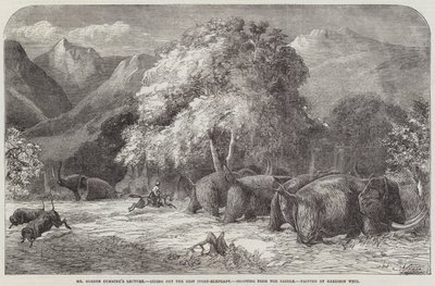 Conferencia del Sr. Gordon Cumming, montando el mejor elefante de marfil, disparando desde la silla de Harrison William Weir
